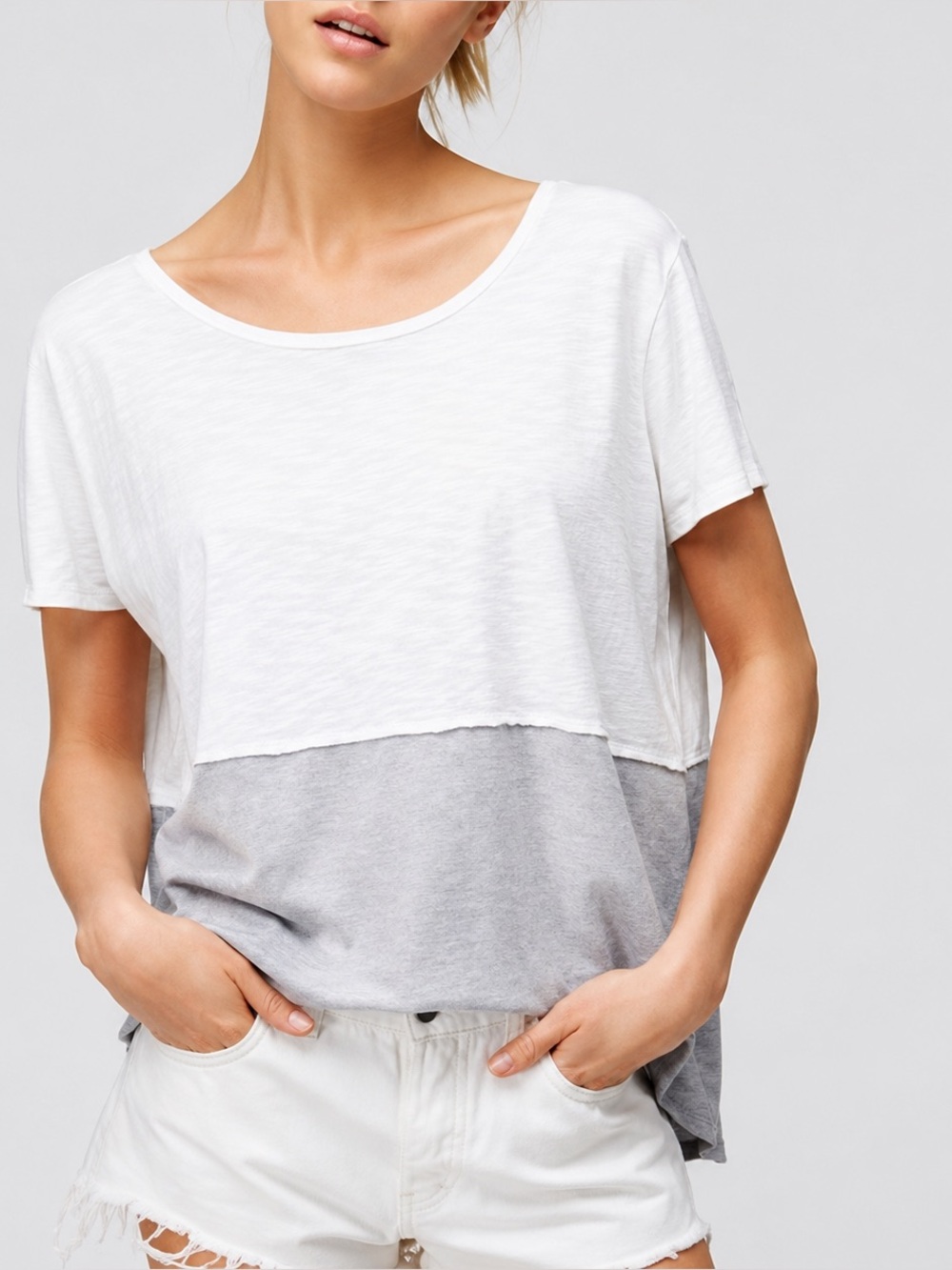 Free People Melrose Swing Cream Gray Colorblock High Low Relaxed Fit Shirt MED